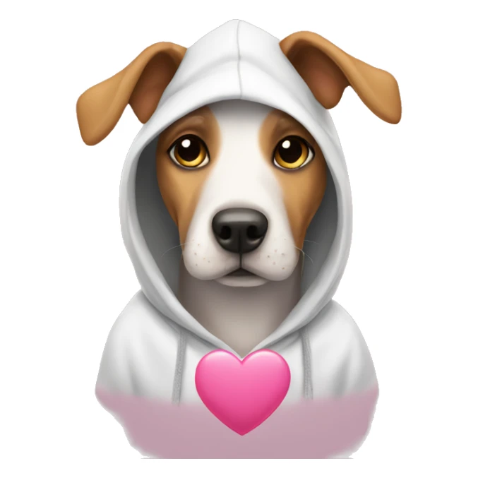 Dog wearing a hoodie with a pink heart  sticker