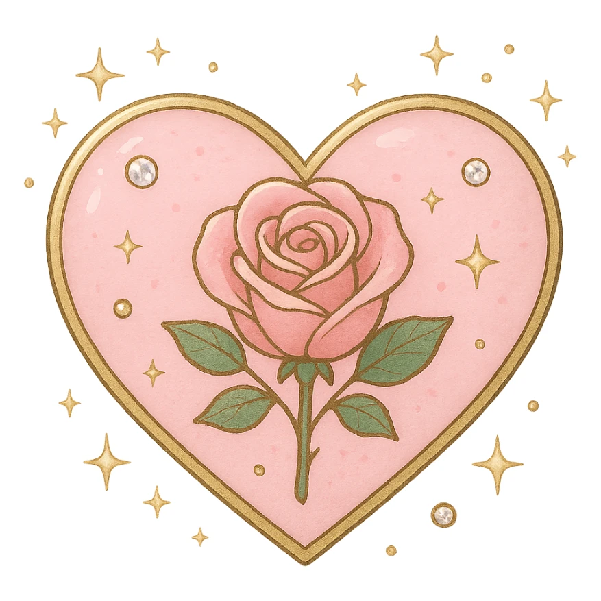 single rose pink heart, pastel pink enamel, sparkling gems, surrounded by tiny stars sticker