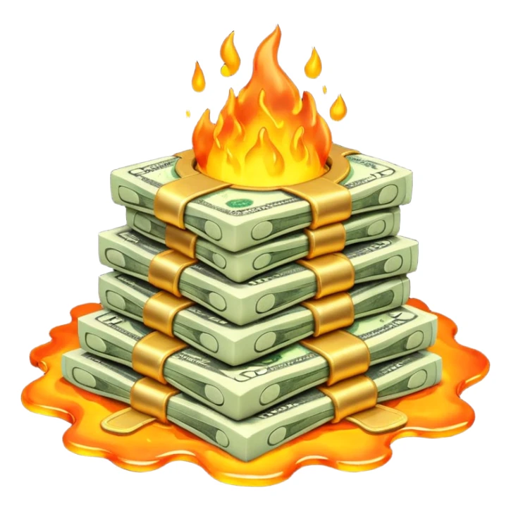 Transform the stack of money into lava money: make the bills appear to be melting and turning into glowing, molten lava with realistic textures and dramatic lighting. Keep the background transparent. The style should reflect a realistic molten lava effect with glowing and melting details. sticker