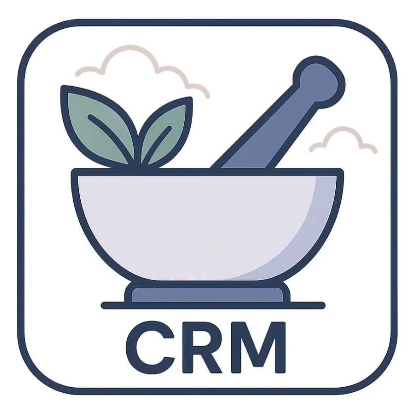 macOS application icon for a CRM app focused on herbal therapy, featuring a stylized green leaf and mortar and pestle, modern and clean, suitable for a desktop dock, soft gradients, minimal text, professional look sticker