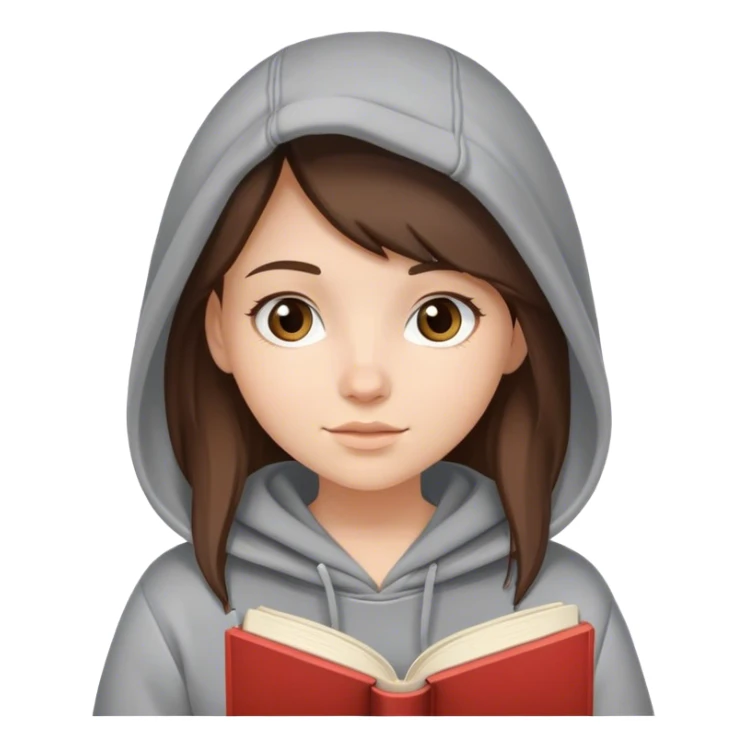 White girl brunette in a hoodie holding a book sticker