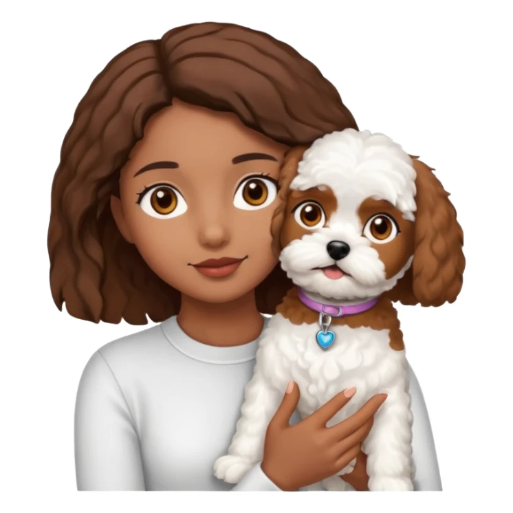 Chica morena ojos marrones con un bichón maltés en los brazos sticker