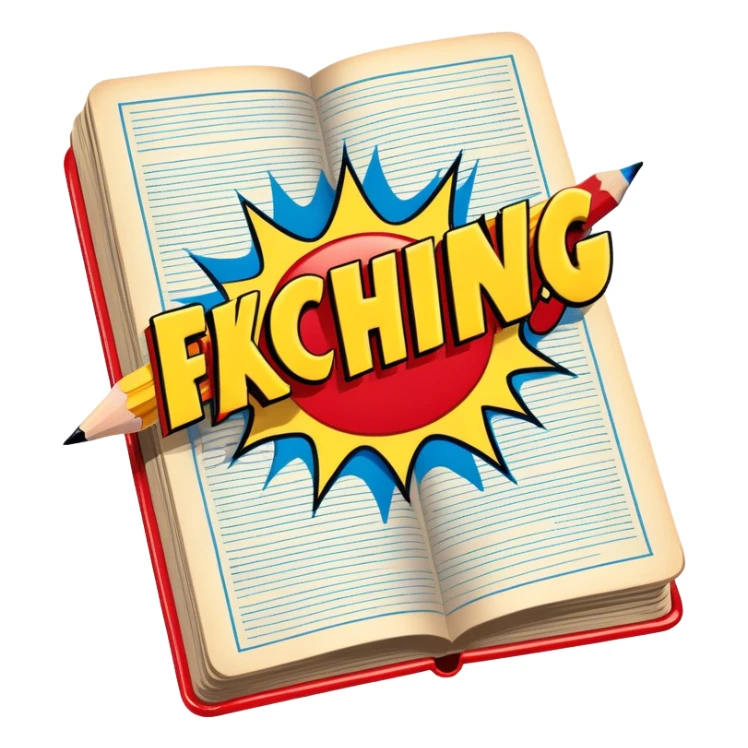 Create a vibrant emoji, representing comic books and graphic novels as an art form. The design should feature a large, opened comic book with vintage comic panels on the pages. Include a pencil (without a hand), writing text or sketching on the pages. The comic panels should have bold lines and retro-style artwork with classic comic book visuals. Use bright, energetic colors like red, yellow, and blue to evoke excitement and creativity. The overall design should feel dynamic, vintage, and artistic. Make the background transparent. sticker