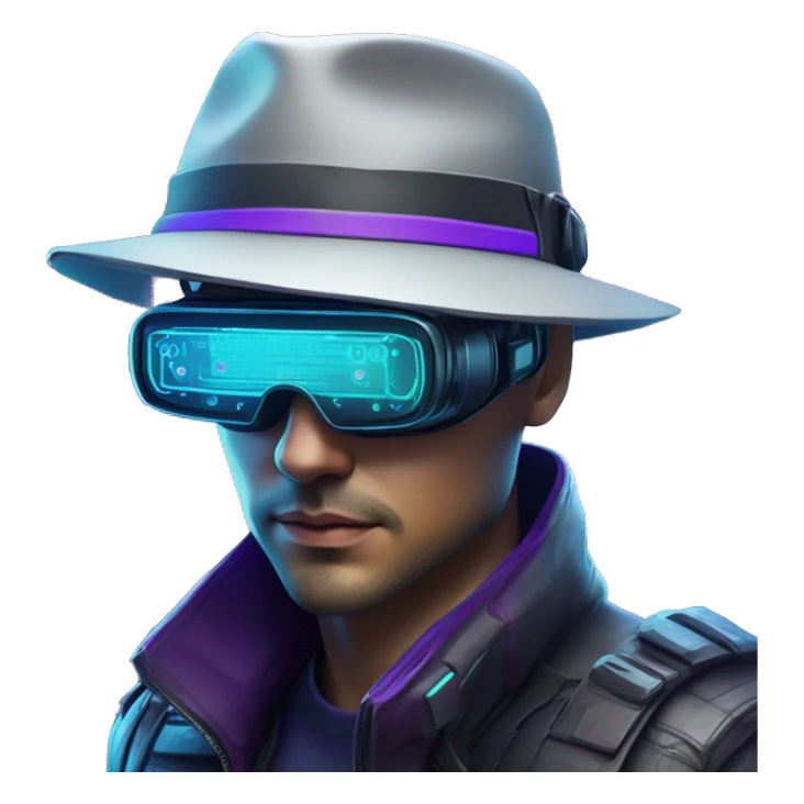 Secret human agent in a hat with  cyberpunk elements in VR googles scanning looking reviewing multicolor lines of code, cyan and purple colors, only upper body portrait sticker