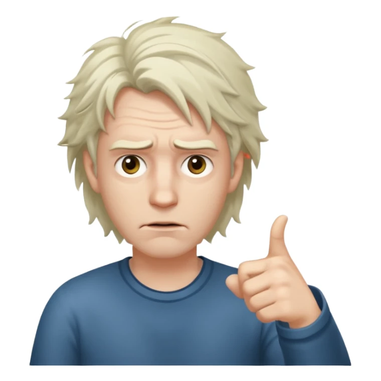 Weak man with disheveled hair pointing to his right sticker