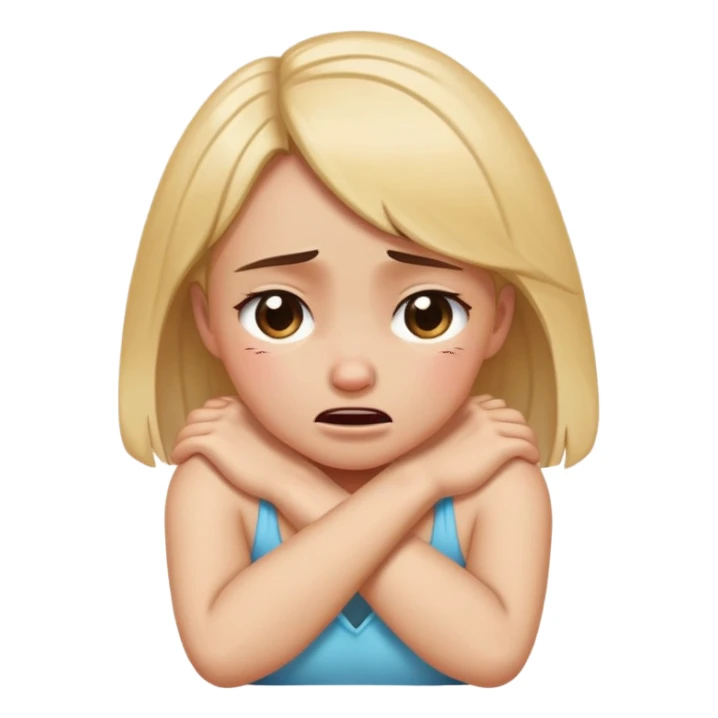 Girl crying with arms crossed grabbing neck sticker