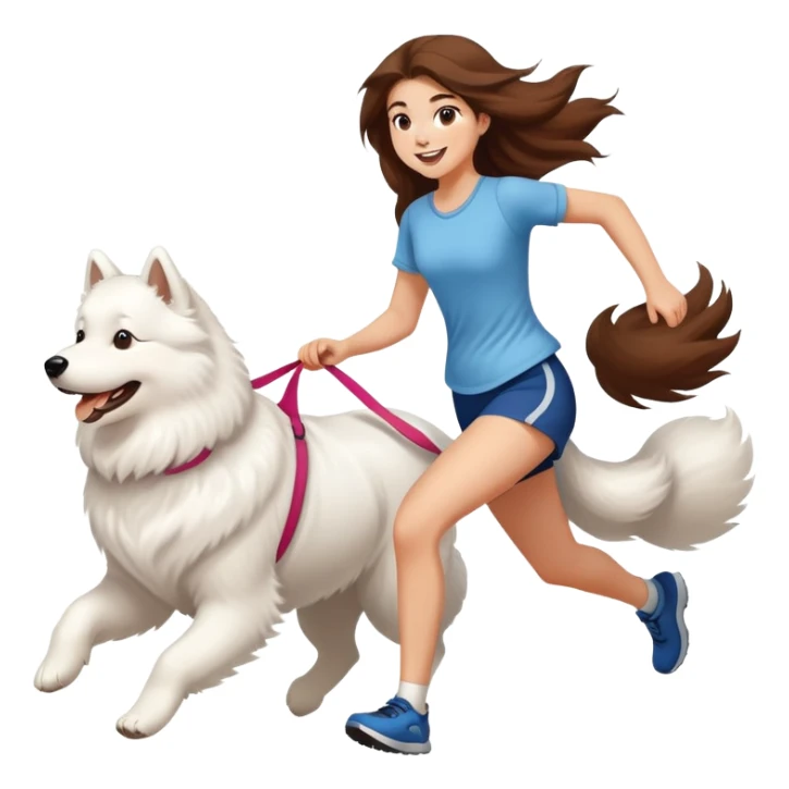 A beautiful girl with long hair runs with a Samoyed sticker