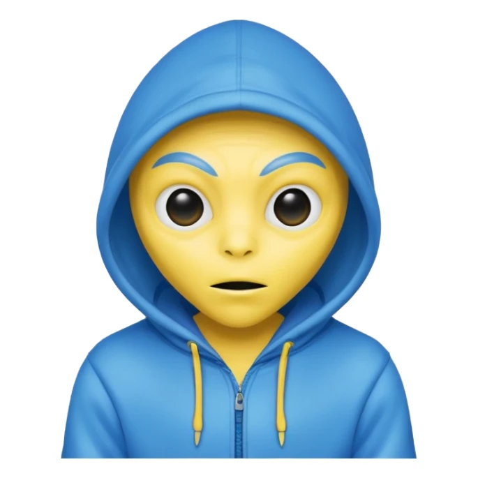 generate a blue alien wearing a yellow hoodie sticker