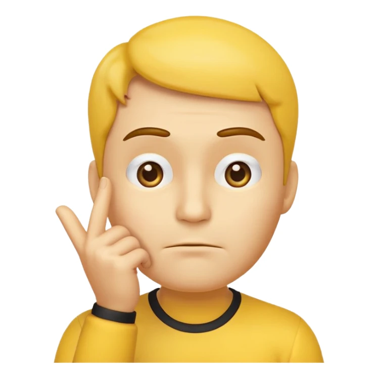 animated thinking face emoji, yellow face, one eyebrow raised, hand on chin, animated, questioning look sticker