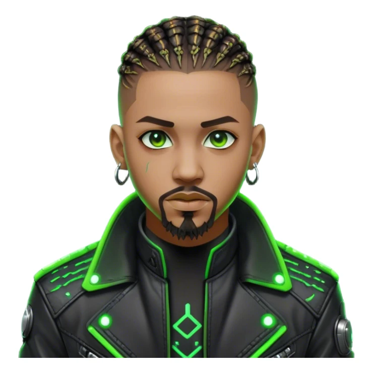 Light skinned African American male with green eyes as a cyberpunk hacker with cornrows hairstyle but short cornrows  with goatee facial hair sticker
