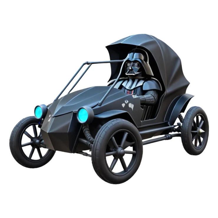 Mad max survival apocalypse ghostly sporty Darth Vader’s Batman-armored 1876 black graphite colored school buggy with horizontal holographic 3d stars painted on the body sides and neon under glow  sticker