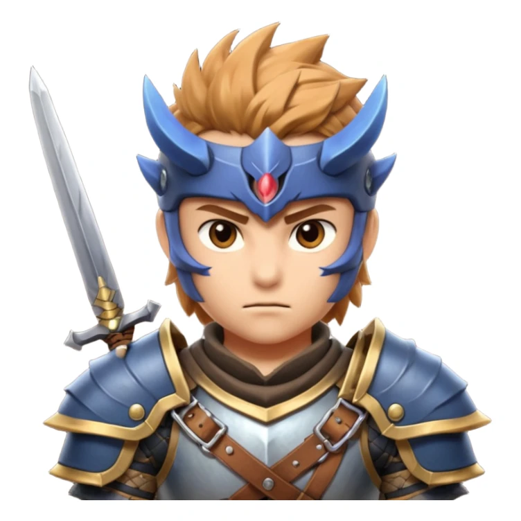 fantastic monster hunter warrior portrait, head and shoulders only, metal shoulder armor, sword strap visible, battle-worn look, intense expression, 3D cartoon, mobile game icon style, clean background, no text, no watermark
 sticker