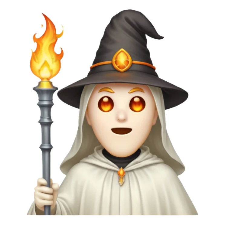 A man in a ghost costume with a pointy hat and torch sticker