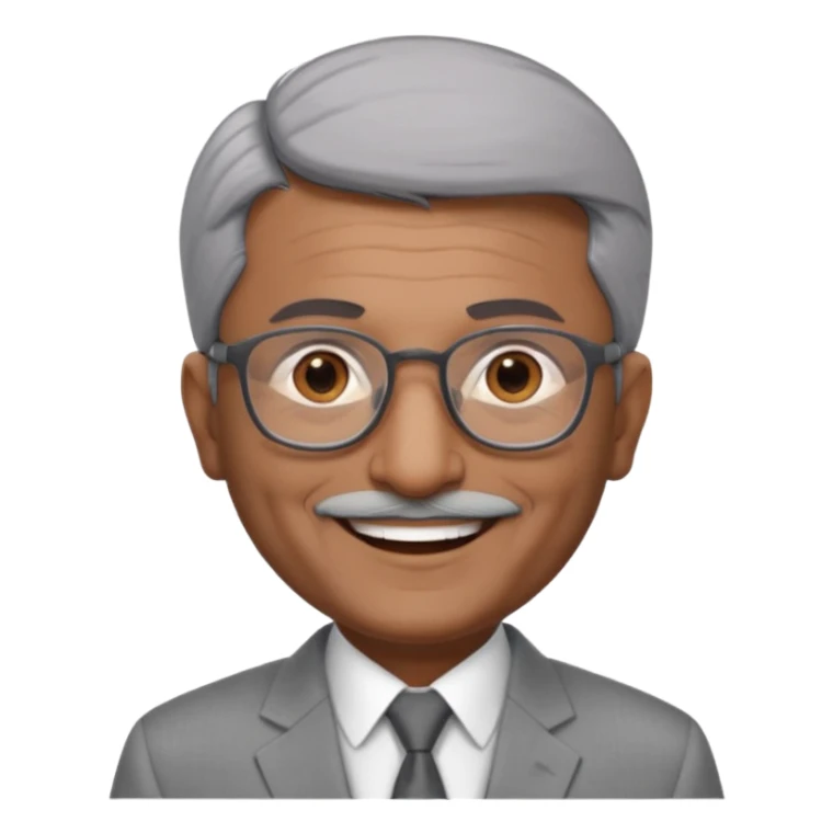 60 yr old indian man, short straight dark grey hair brushed foreward , light grey business suit, big smile, dark brown skin, no moustache, dark brown eyes, glasses
 sticker