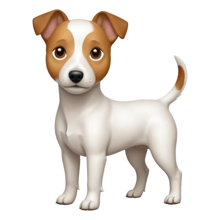 a full body white jack russel looking dog the size of a kelpie with light brown ears and a light brown patch on one eye and a large snout sticker