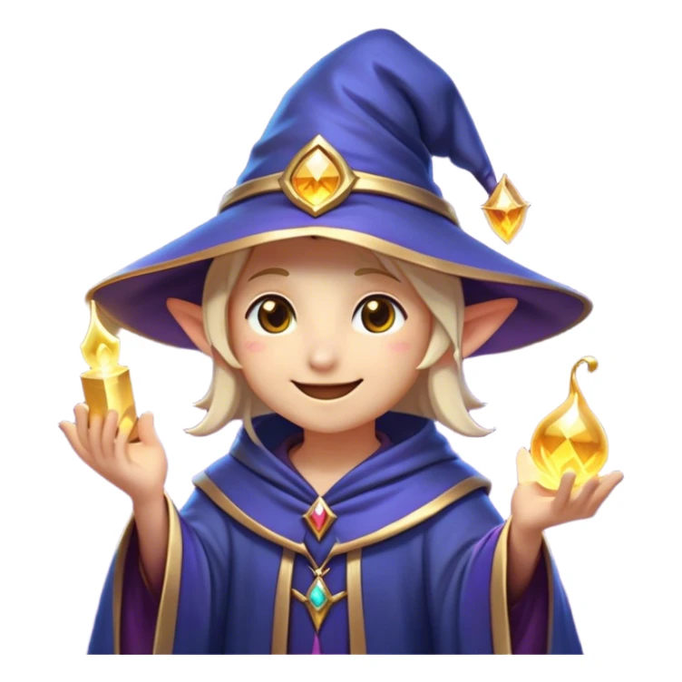 Clash of Clans aesthetic Playful Mage Portrait Emoji, Head tilted with a mischievous glimmer and subtle enchanting smile, featuring a compact, gracefully robed form with a pointed wizard hat and twinkling eyes in natural skin tone, Simplified yet irresistibly charming features, highly detailed, glowing with a warm, inviting magical glow, high shine, spirited and imaginative, stylized with a touch of whimsical sorcery, soft glowing outline, capturing the essence of a playful mage exuding friendly arcane wonder! sticker