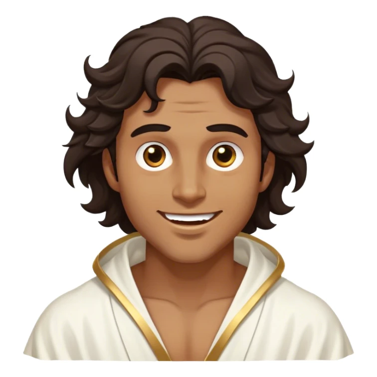 Cinematic Realistic Hercules Portrait, head tilted dramatically with an exaggeratedly amused expression, featuring expressive eyes and a hint of a roguish smile. His bronze, marble-like skin and thick, wavy dark hair, rendered with classical artistry, complement his flowing white robe adorned with delicate golden accents, all brought to life with dynamic natural lighting that captures a rare, playful moment from an enduring legend. sticker