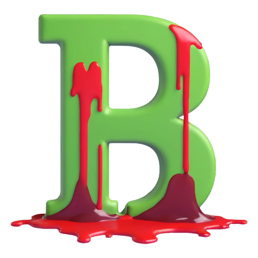 3D graffiti style green letter B with red blood slowly dripping, dark urban background, cinematic lighting, black wall sticker