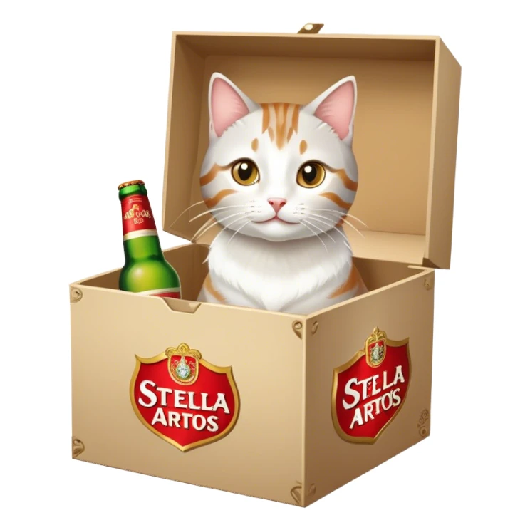 White/tabby Cat inside a box of Stella Artois sticker