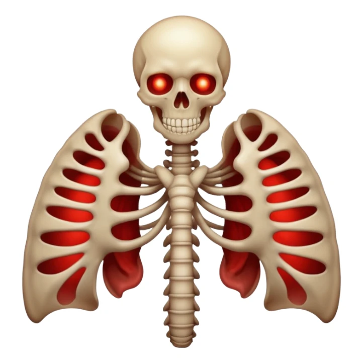 Minimalist emoji-style sticker of a ribcage x-ray with a curled-up demon inside, lines in faint white on black background, subtle red eye glow



 sticker