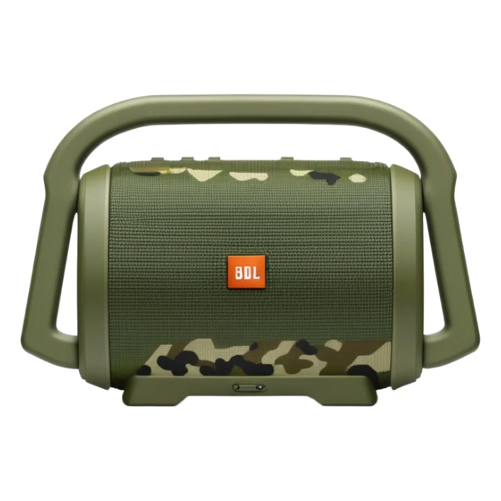 Geometric JBL Clip 4 speaker with olive green digital camouflage pattern, iOS emoji style sticker