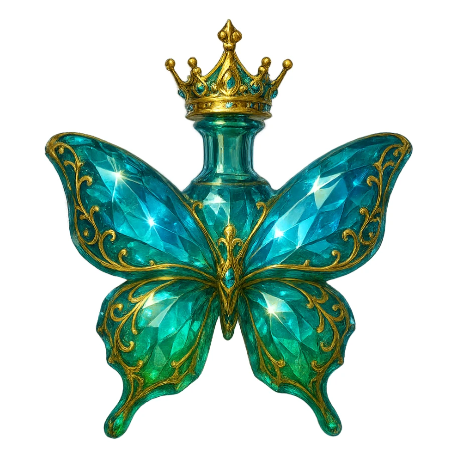 crystal elegant butterfly-shaped bottle with short neck and princess crown, green and blue colors, many glowing facets, ornaments, golden details, transparent background, floating in air, very close to original sticker