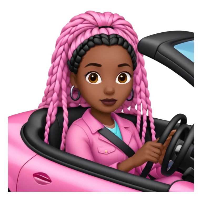 A dark-skinned Black woman with black box braids, driving a pink car sticker