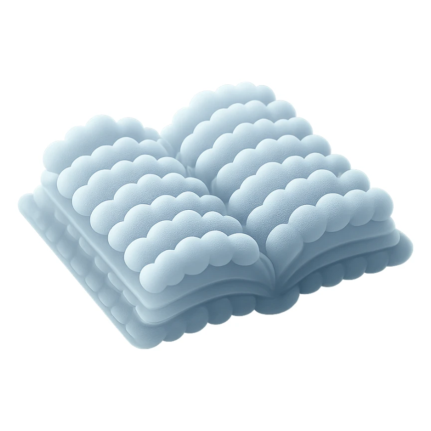 thick open book made entirely of small, very bright white, fluffy, convex clouds, matte glass style, no background sticker