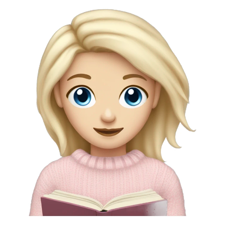 Pretty blue eyed white girl with light pink sweater reading cozy sticker