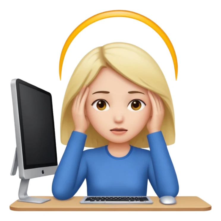 A girl is in front of a computer and is holding her head. sticker