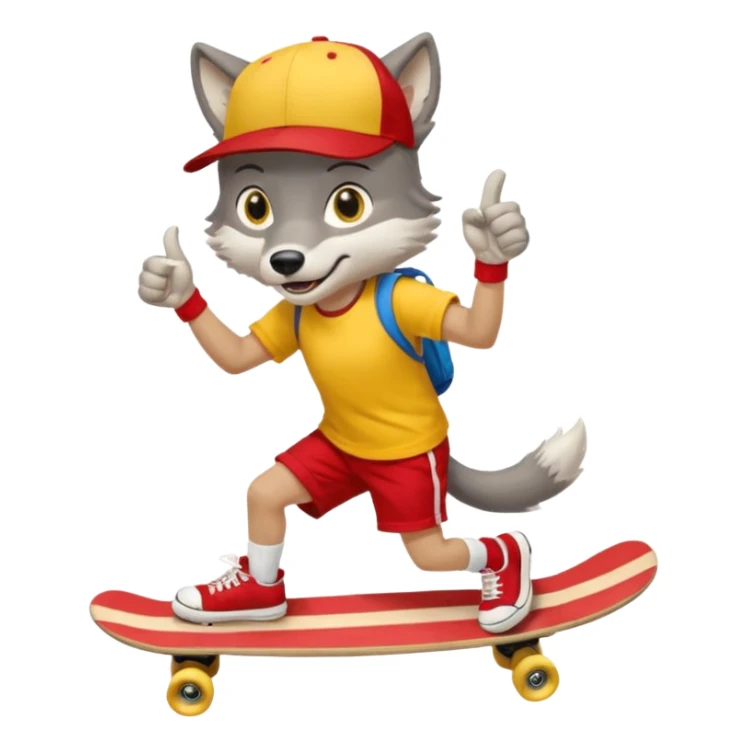 A gray wolf with large, expressive eyes and a friendly smile. The gray wolf is wearing a bright yellow T-shirt, red shorts, white knee socks, and sneakers. The baseball cap is worn backwards. The wolf holds a skateboard in one hand and gives a thumbs-up with the other, a confident and cheerful pose. sticker