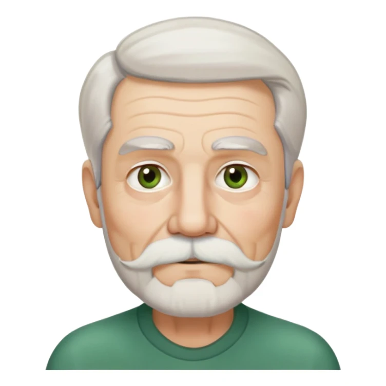 80-year old man with medium white beard and mustache, salt-and-pepper unconnected eyebrows, and green-brown eyes. White, shoulder-length hair parted in the middle. Ears are long and close to his head sticker
