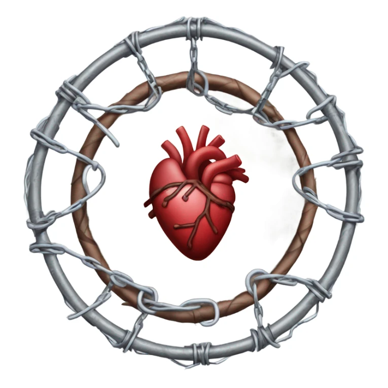 A chain link fence topped with razor wire forms a circle with a human heart in the middle  of it  sticker