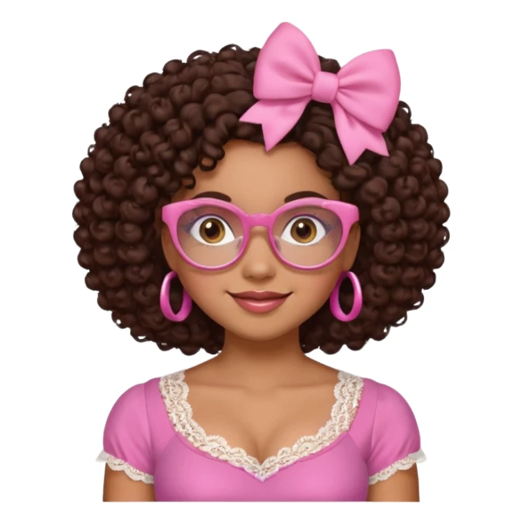 medium skinned afro-latina girl with medium length chocolate brown side part curly hair, brown eyes, pink sweetheart necklined top with lace, round wide-ish nose, chubby long shaped face, pink bow, brown glasses sticker