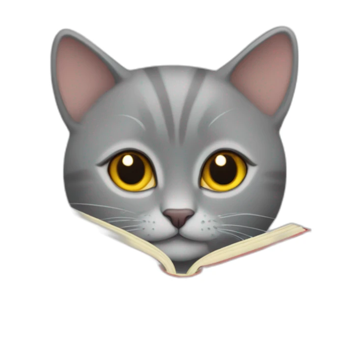 Grey Russian cat with golden eyes sitting like a person while reading a red cover book with the title “just chilling” title on the cover sticker
