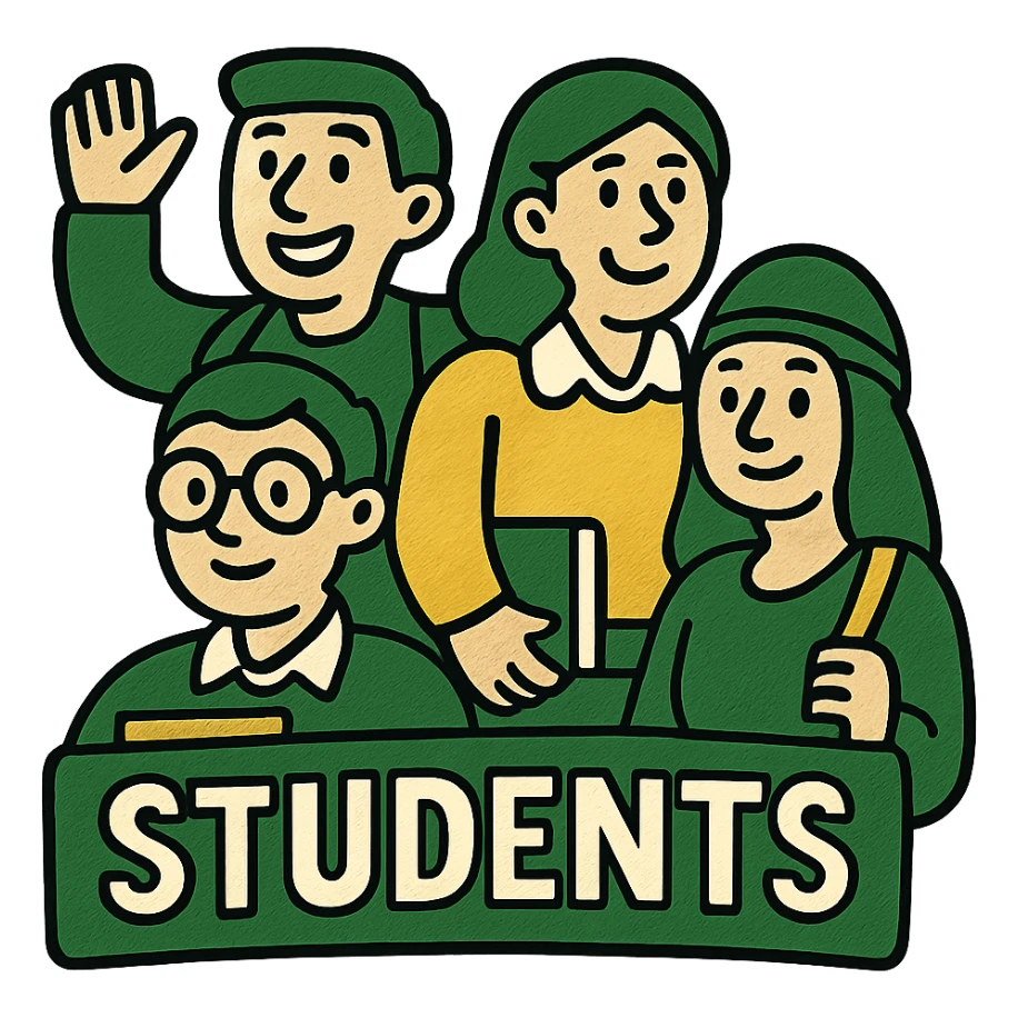 students, professional style, green gold and white color scheme, bold and clear, suitable for digital use sticker