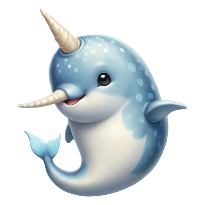 Cinematic Cute Narwhal Portrait Emoji, Head tilted playfully and inquisitively, showcasing a sleek, streamlined body with subtly iridescent, mottled gray skin and a prominently spiraled ivory tusk, complemented by round, sparkling eyes full of gentle wonder, Simplified yet irresistibly adorable features, highly detailed, glowing with a warm, friendly arctic glow, high shine, affectionate and lively, stylized with a touch of whimsical marine charm, soft glowing outline, capturing the essence of a mischievous yet loving narwhal that seems as if it could frolic out of the screen into your heart! sticker