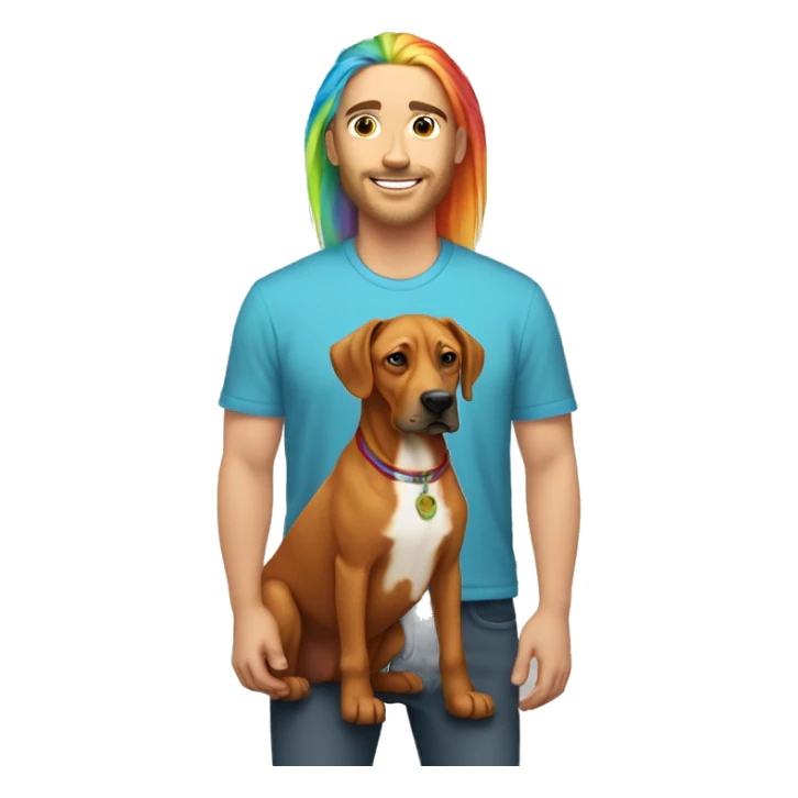 white male with long rainbow colored hair standing alongside a brown rhodesian ridgeback dog sticker