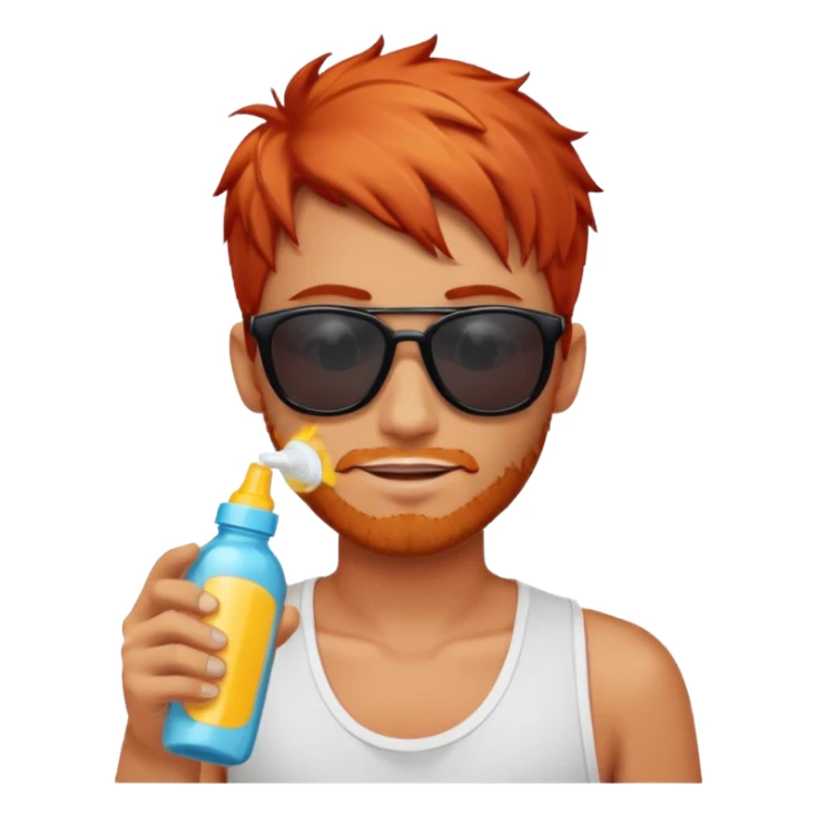 male red haired with suncream bottle and sunglasses, with sun burned sticker