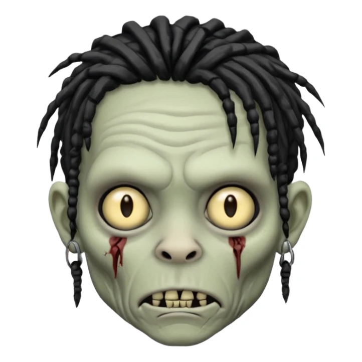 Grey pale skinned zombie boy with wrinkled skin and black dreadlocks. Nose and ear piercings. Emo. sticker