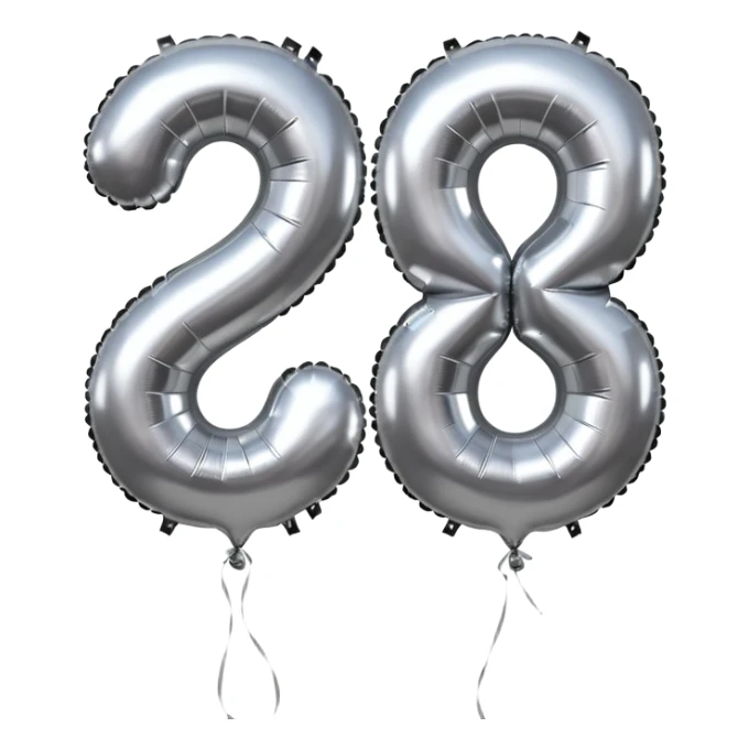 Two metallic silver foil balloons shaped as the number 18, shiny and reflective sticker