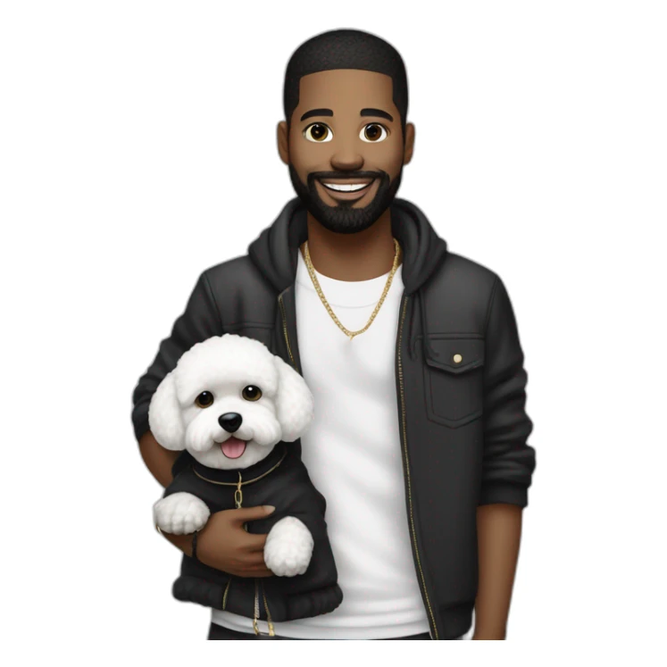 young-rapper-with hoop-white skin-black hair-beard-bichon dog-white-smile sticker