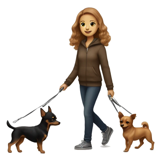 A light brown haired girl, walking one mini black and tan miniature Pinscher and one very big fluffy light brown Spitz on the lead sticker