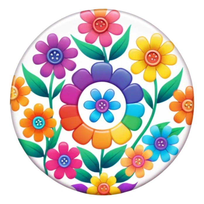 A round psychedelic colored button with rainbow colored hippie style flowers around the edges sticker