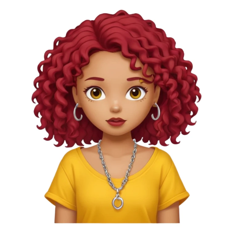 generate a pretty bratz girl with an oversized yellow tshirt falling off her shoulders, wearing a silver dainty necklace, curly dark red hair sticker