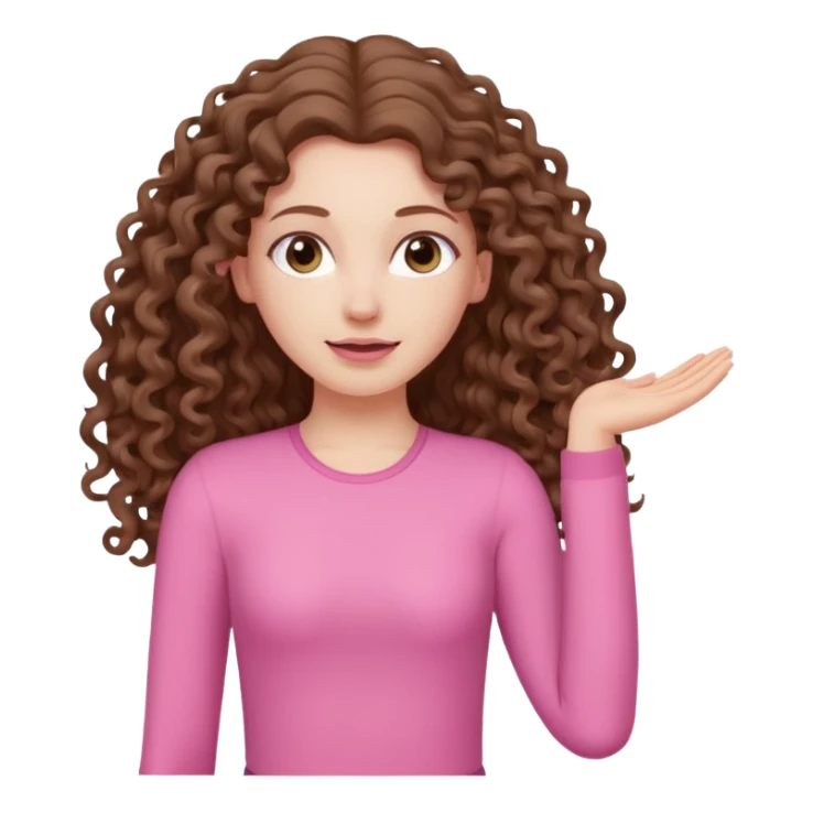 pale white girl with long brown curly hair stretching pink sticker