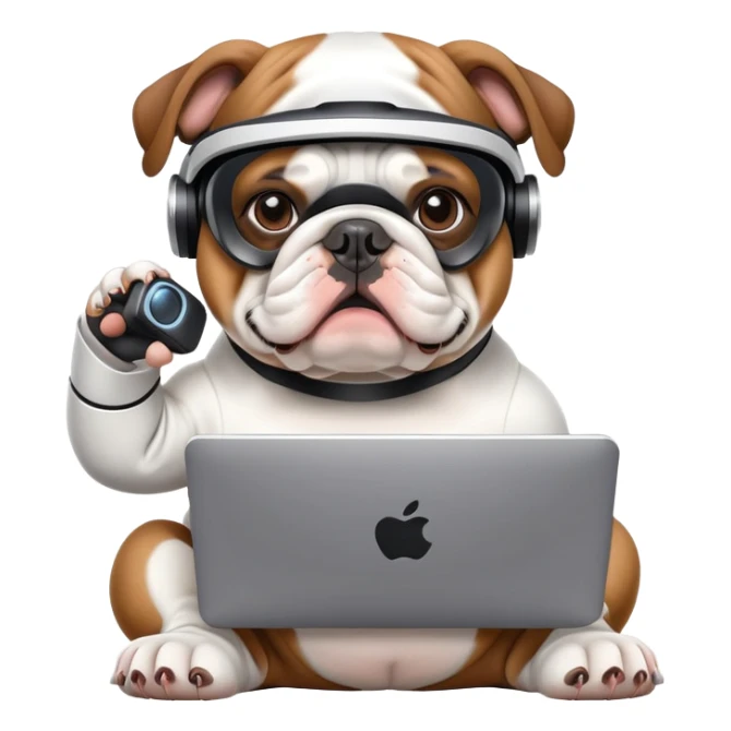 English bulldog, wearing a computer suit sticker