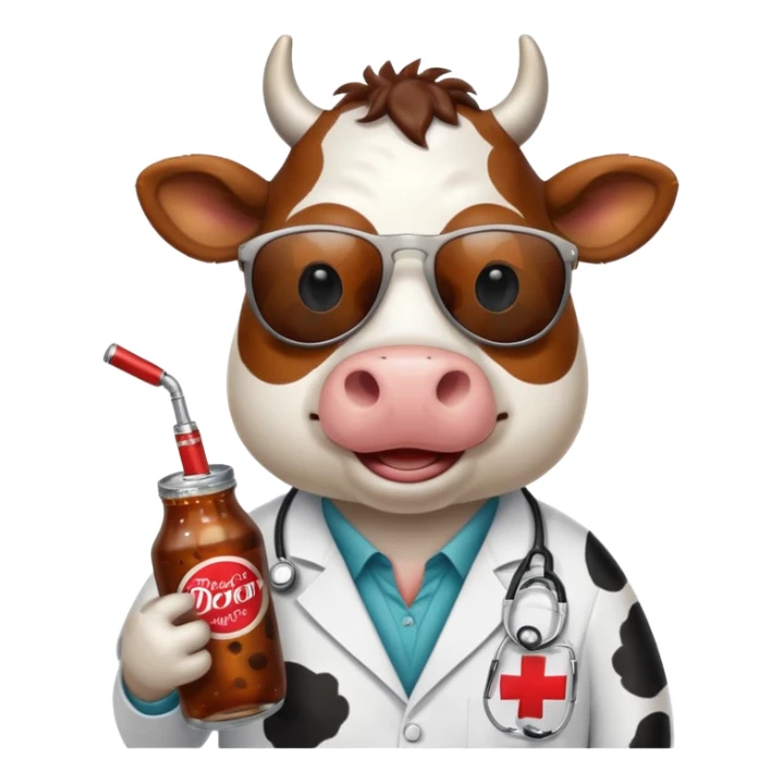 Cow wearing sunglasses holding a doctor pepper sticker