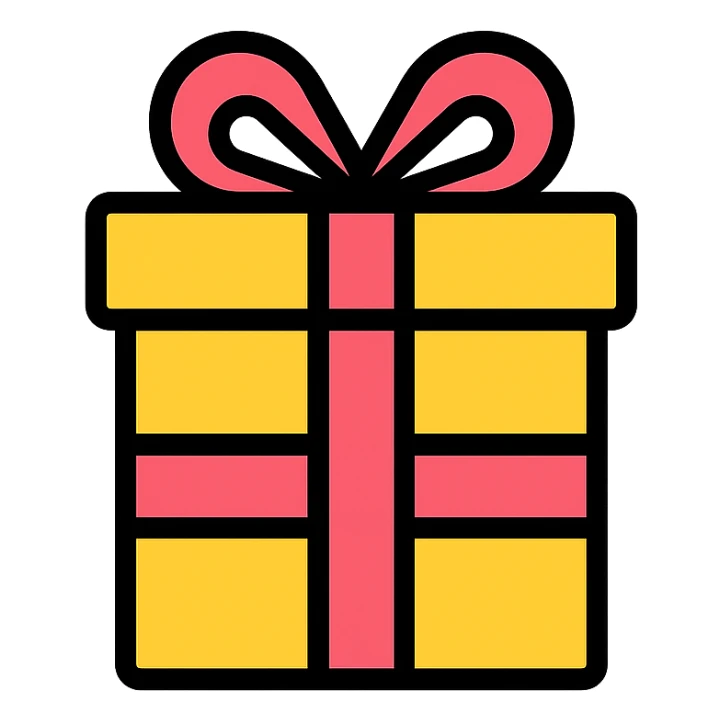 Add color to the gift icon using a yellow box with a pink ribbon, preserving the minimal, outlined icon look. sticker