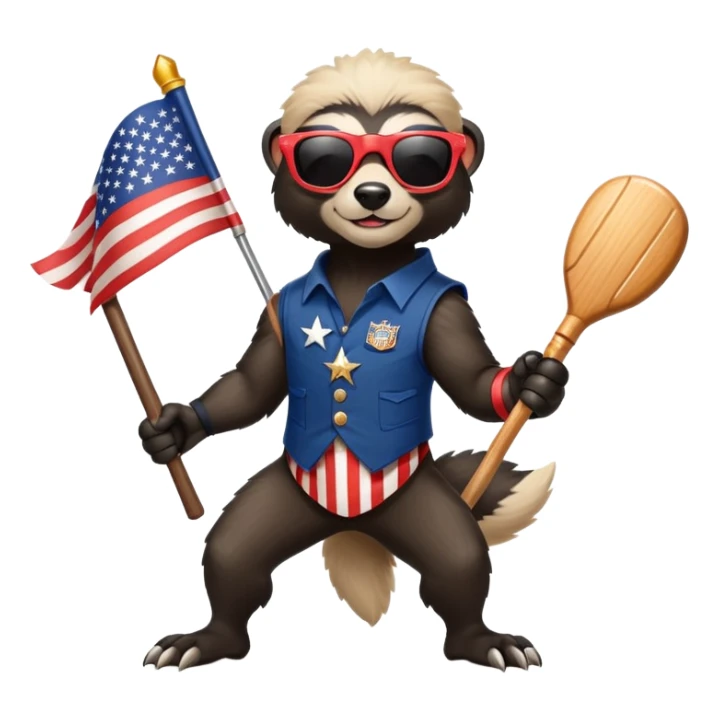 friendly anthropomorphised honey badger in USA Independence Day outfit, wearing sunglasses, carrying a club, dynamic pose sticker